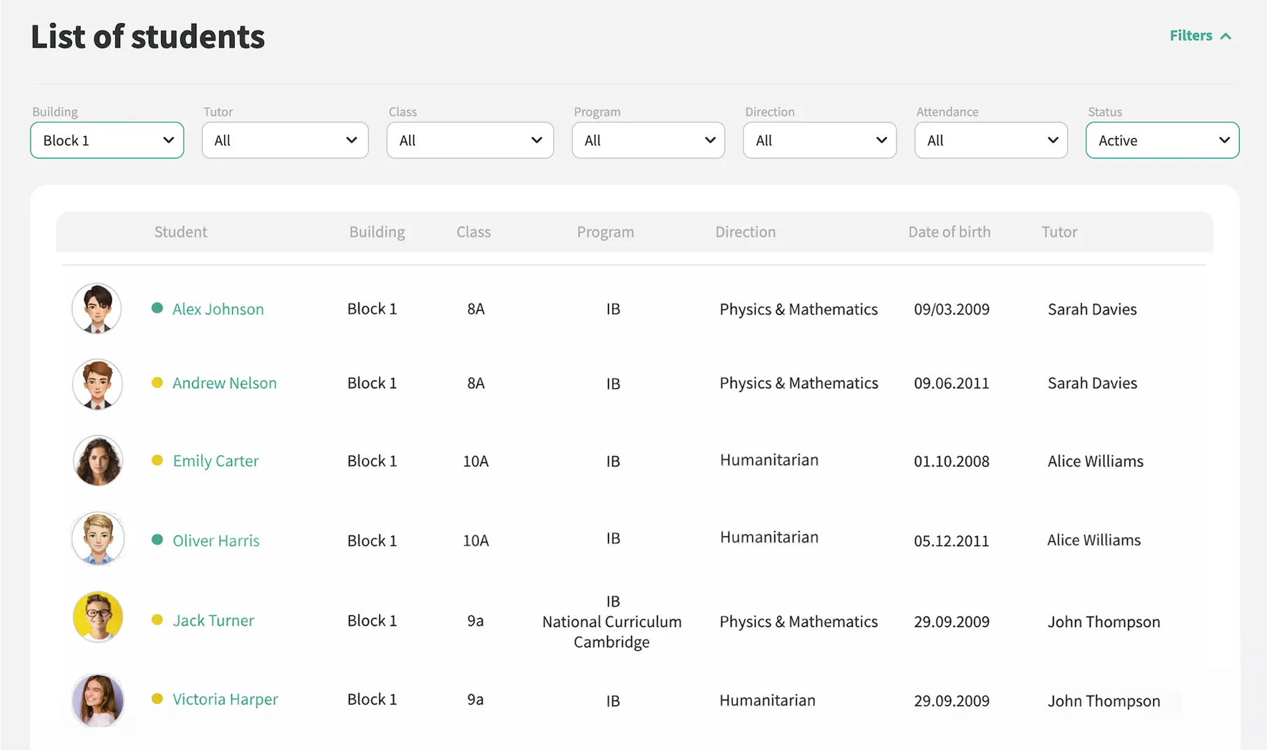 Student data interface